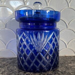 Vintage Cobalt Blue Cut to Clear Crystal Czech Bohemian Cookie Biscuit Jar